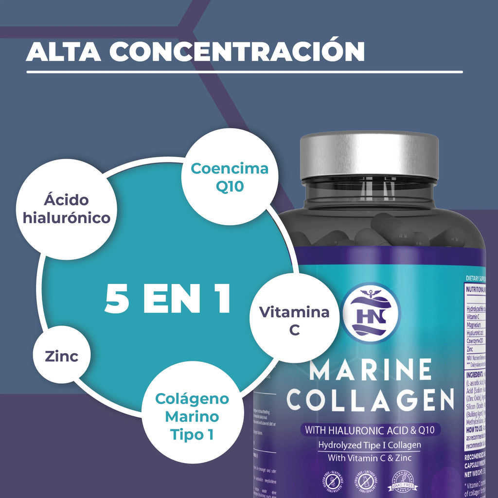 Hn - Nutrición Saludable Colágeno Marino Hidrolizado Puro con Ácido Hialurónico y Vitamina C