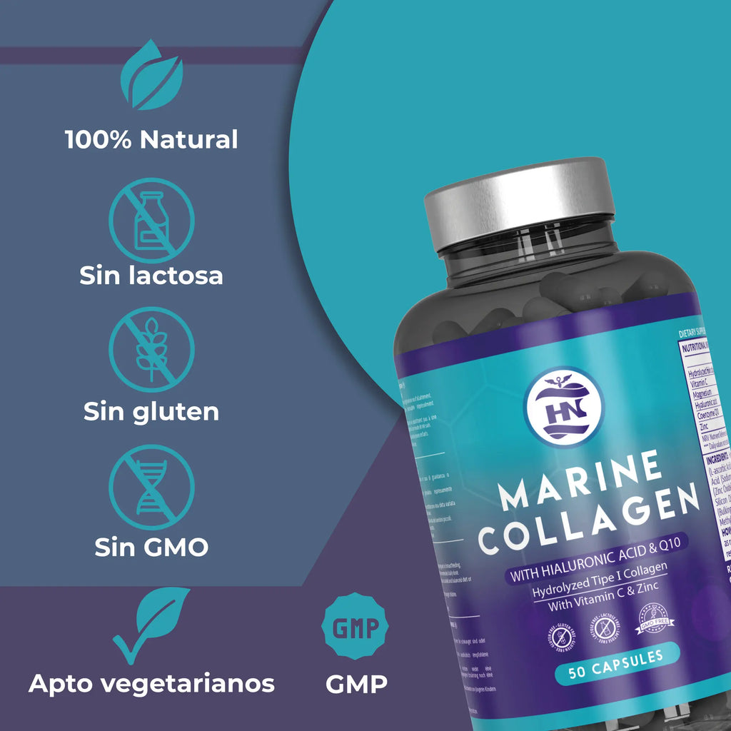 Hn - Nutrición Saludable Colágeno Marino Hidrolizado Puro con Ácido Hialurónico y Vitamina C