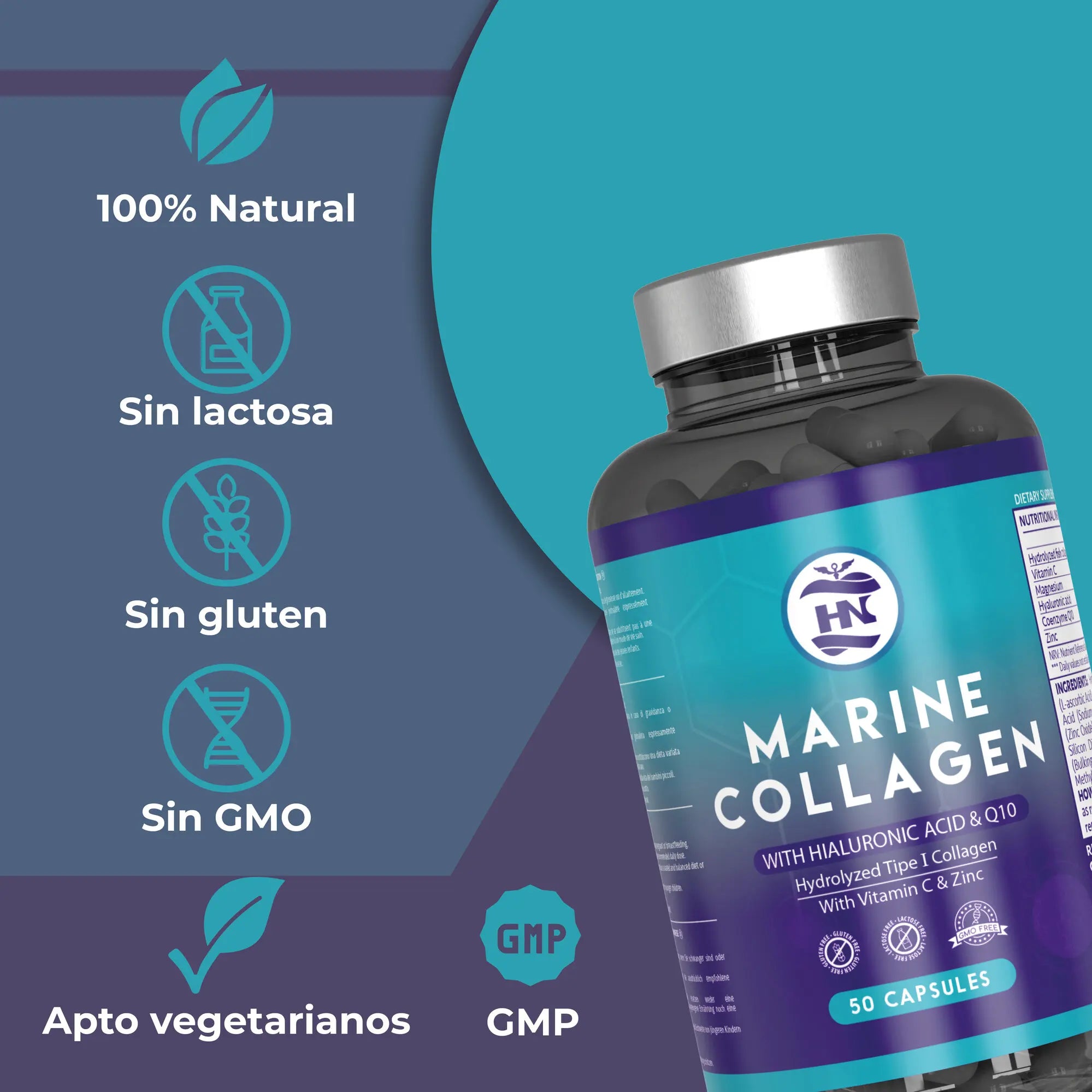 Hn - Nutrición Saludable Colágeno Marino Hidrolizado Puro con Ácido Hialurónico y Vitamina C