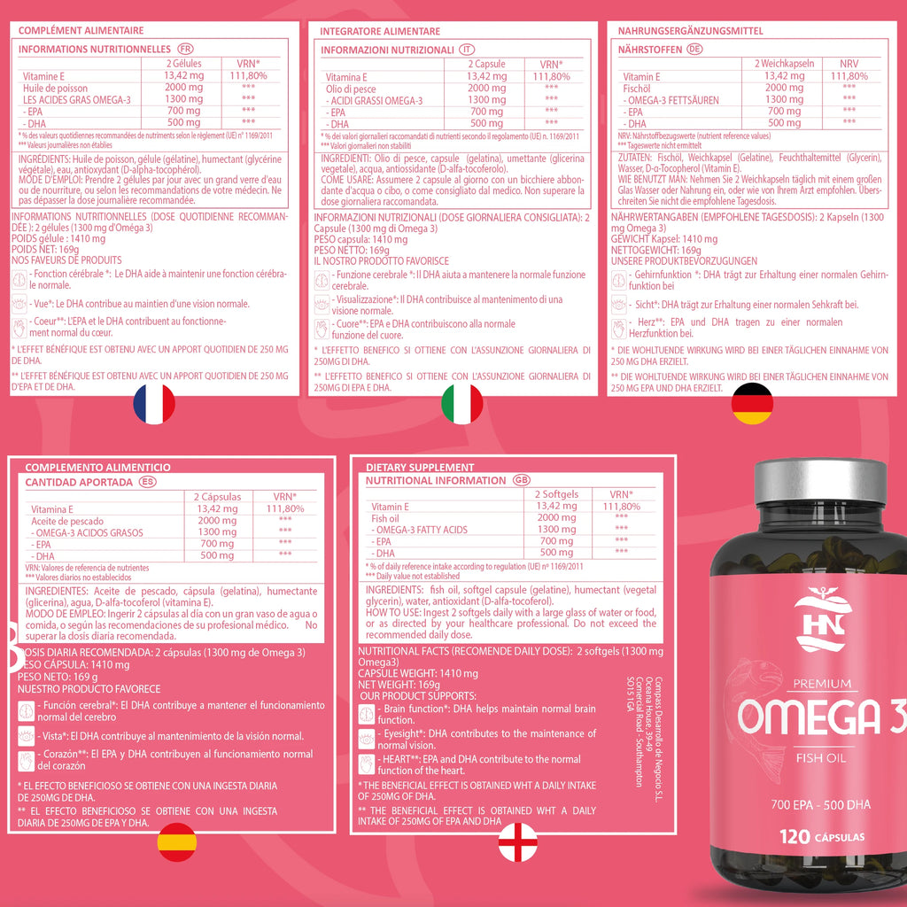 HN Healthy Nutrition Omega 3 Cápsulas 2000 mg – 240 Perlas y Vitamina E – Omega 3 con EPA (Ácido Eicosapentaenoico)