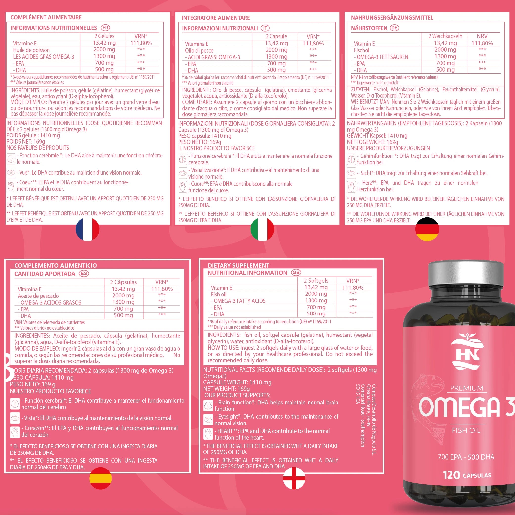 HN Healthy Nutrition Omega 3 Cápsulas 2000 mg – 240 Perlas y Vitamina E – Omega 3 con EPA (Ácido Eicosapentaenoico)