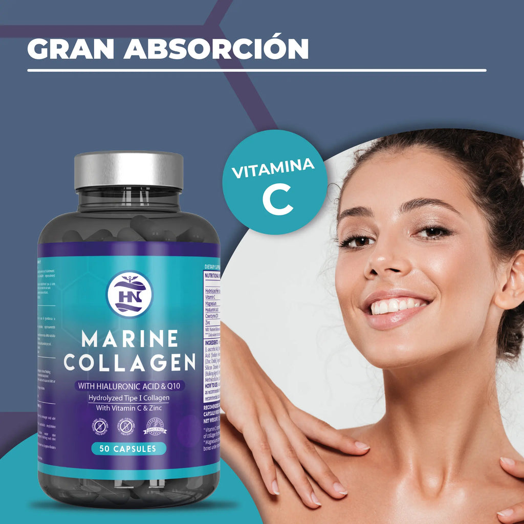 Hn - Nutrición Saludable Colágeno Marino Hidrolizado Puro con Ácido Hialurónico y Vitamina C