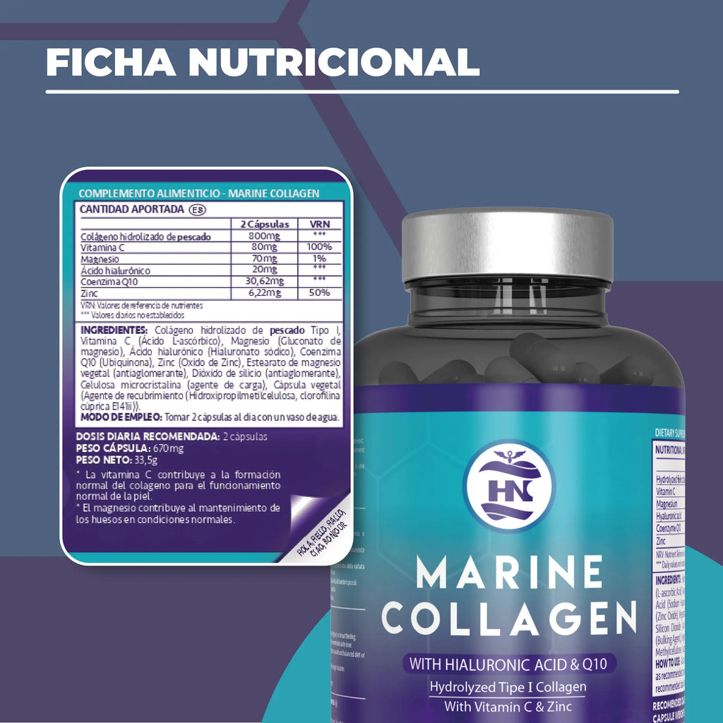 Hn - Nutrición Saludable Colágeno Marino Hidrolizado Puro con Ácido Hialurónico y Vitamina C