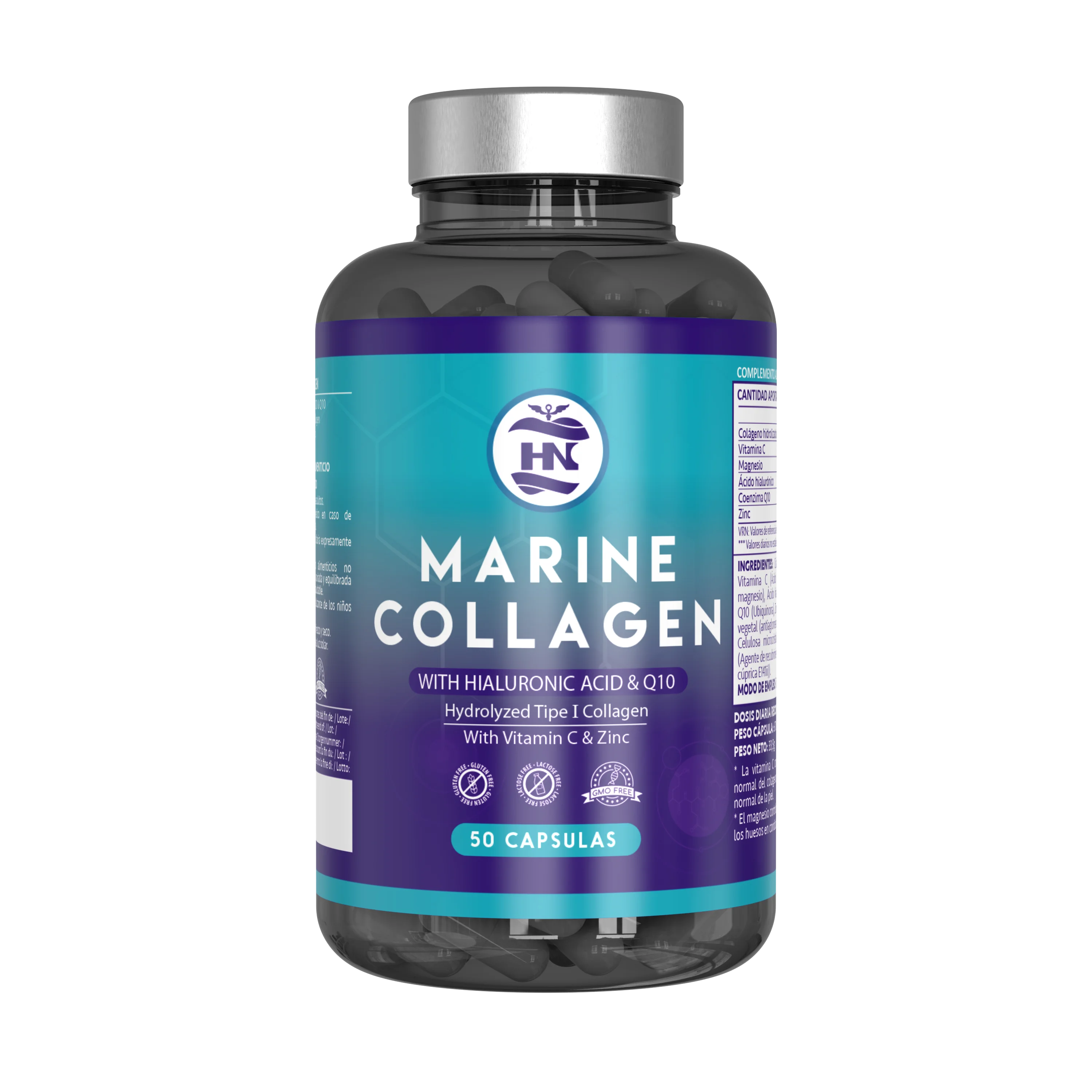 Hn - Nutrición Saludable Colágeno Marino Hidrolizado Puro con Ácido Hialurónico y Vitamina C