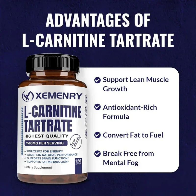 Tartrato de L-carnitina Cápsulas Premium de 1500 mg - Producción de energía natural, Apoya el metabolismo