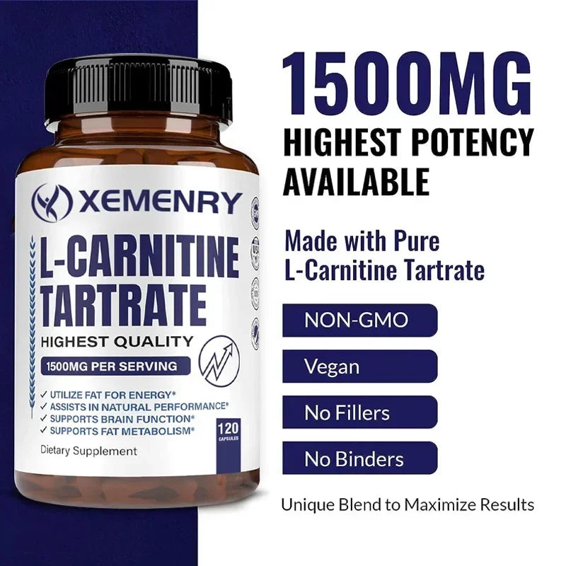 Tartrato de L-carnitina Cápsulas Premium de 1500 mg - Producción de energía natural, Apoya el metabolismo